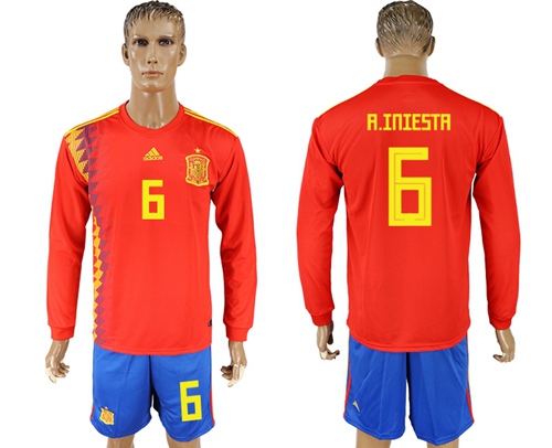 Spain #6 A.Iniesta Red Home Long Sleeves Soccer Country Jersey - Click Image to Close